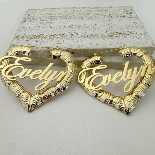 Custom Name Heart Bamboo Earrings